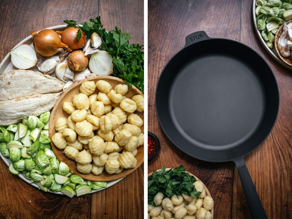 R804 Gnocchi-Pfanne mit Rosenkohl und veganen Filets