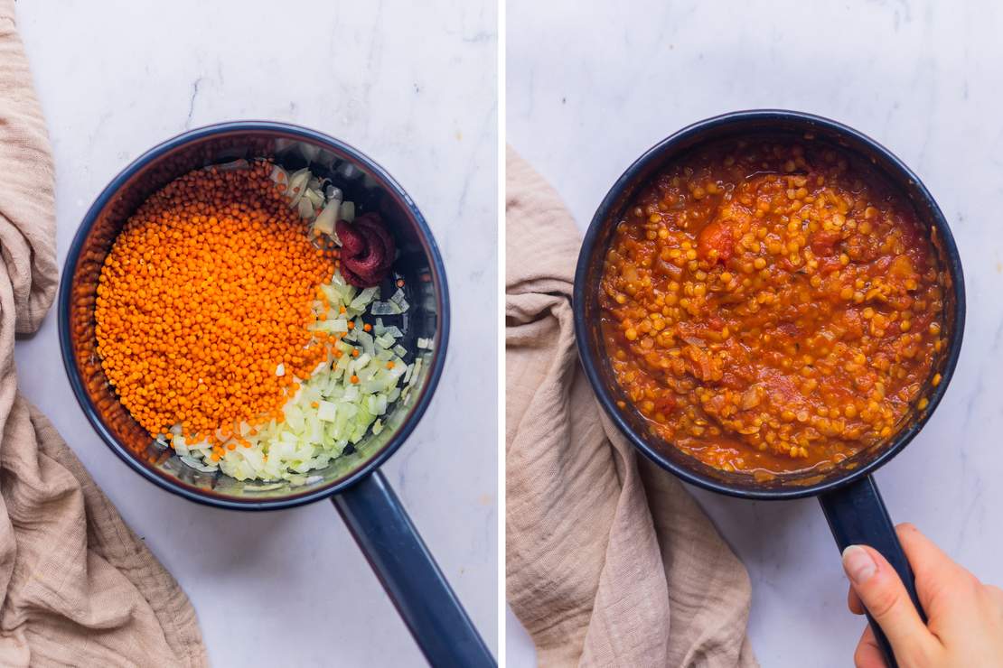 R689 Vegane Spinatknödel mit Tomaten-Linsen-Soße