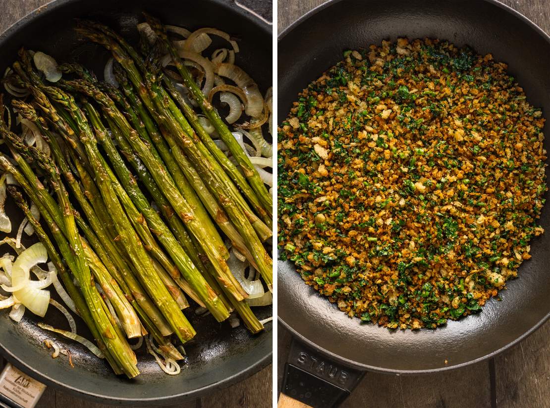 R966 Cremige Zitronen-Polenta mit grünem Spargel, Kräutern und vegane Butterbrösel