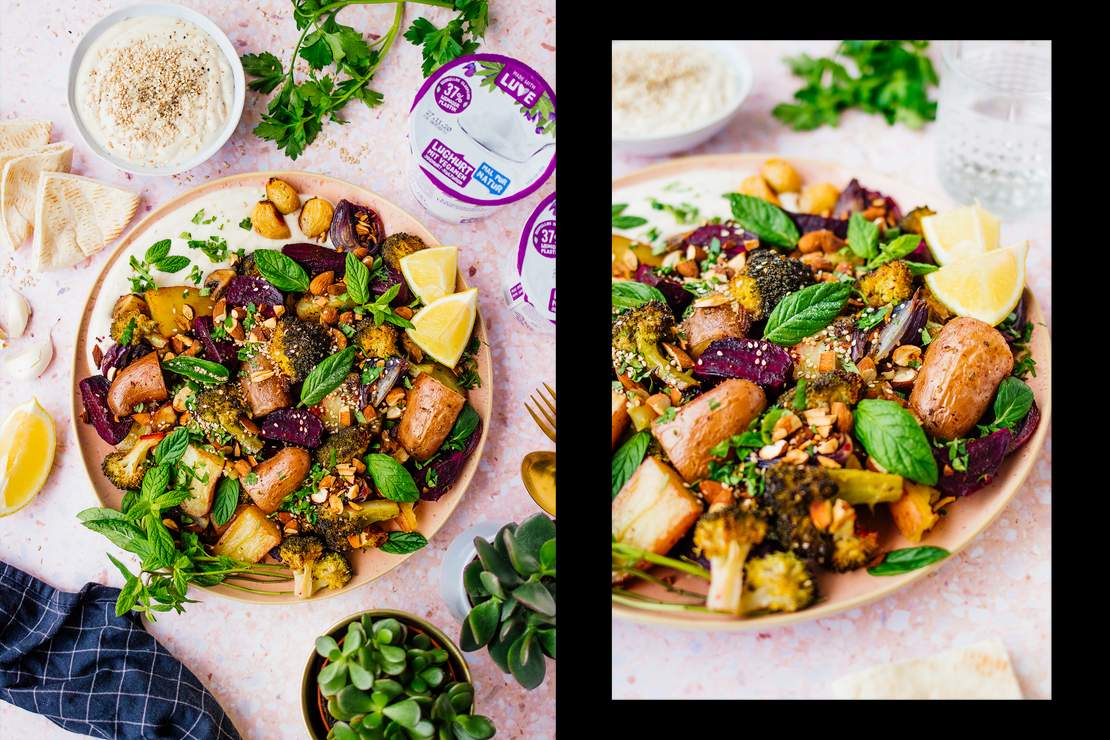 R607 Vegan Tahin Yogurt Cream with Roasted Brokkoli, Mushrooms & Almonds